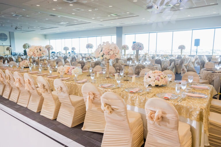 Elegant banquet setup with floral arrangements