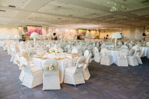 Elegant banquet hall with decorated tables